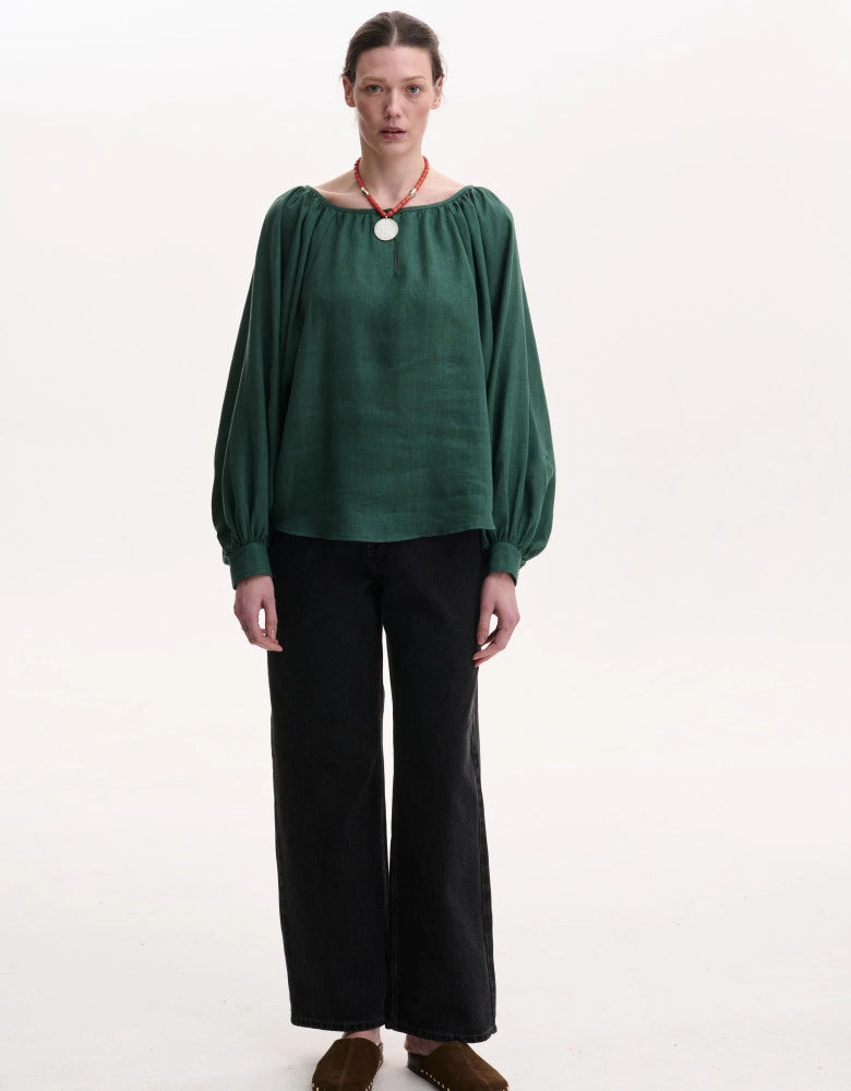Green Linen Puffed Sleeves Peasant Blouse — Bohemian Cut