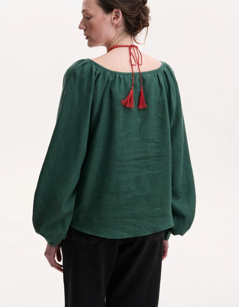 Green Linen Puffed Sleeves Peasant Blouse — Bohemian Cut