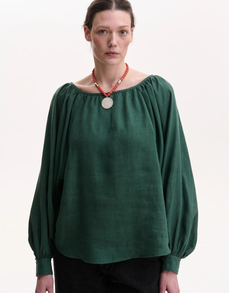 Green Linen Puffed Sleeves Peasant Blouse — Bohemian Cut