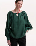 Green Linen Puffed Sleeves Peasant Blouse — Bohemian Cut