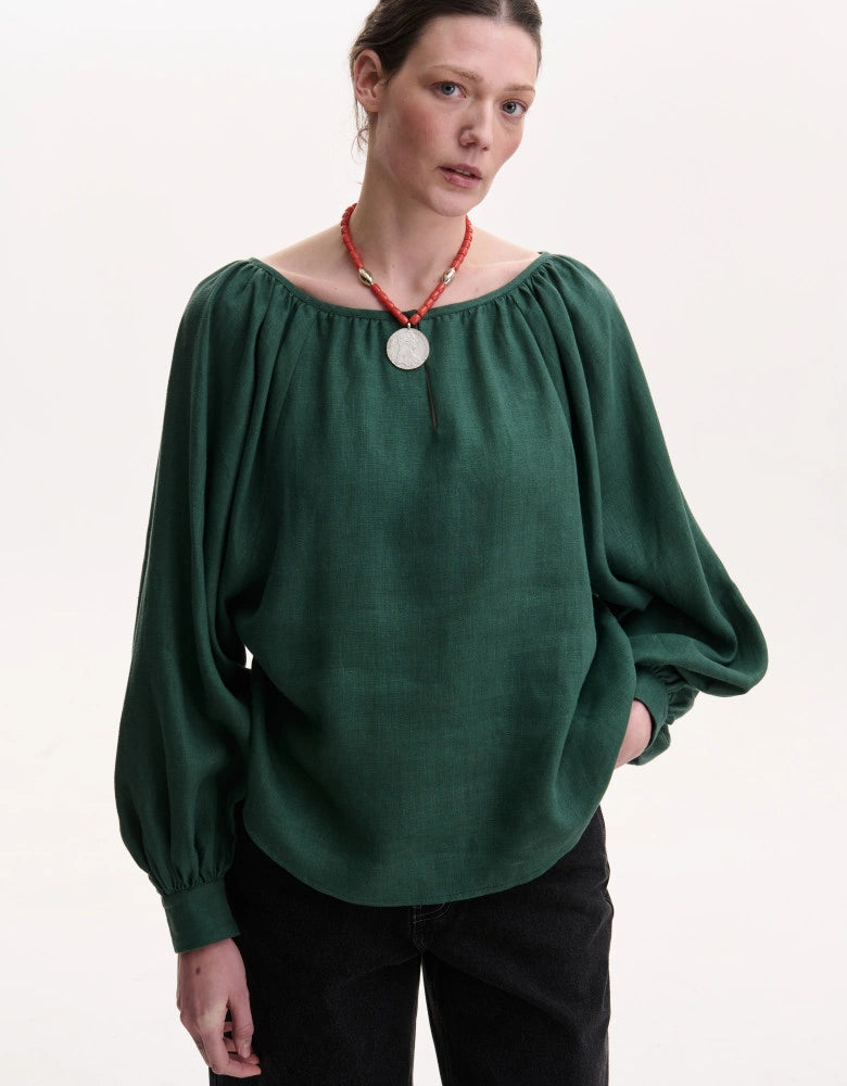 Green Linen Puffed Sleeves Peasant Blouse — Bohemian Cut
