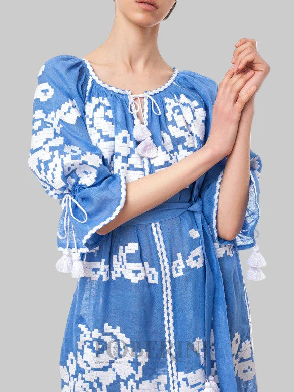 white embroidered maxi dress linen bohemian luxury