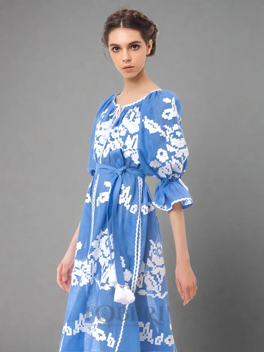 blue embroidered maxi dress linen bohemian luxury