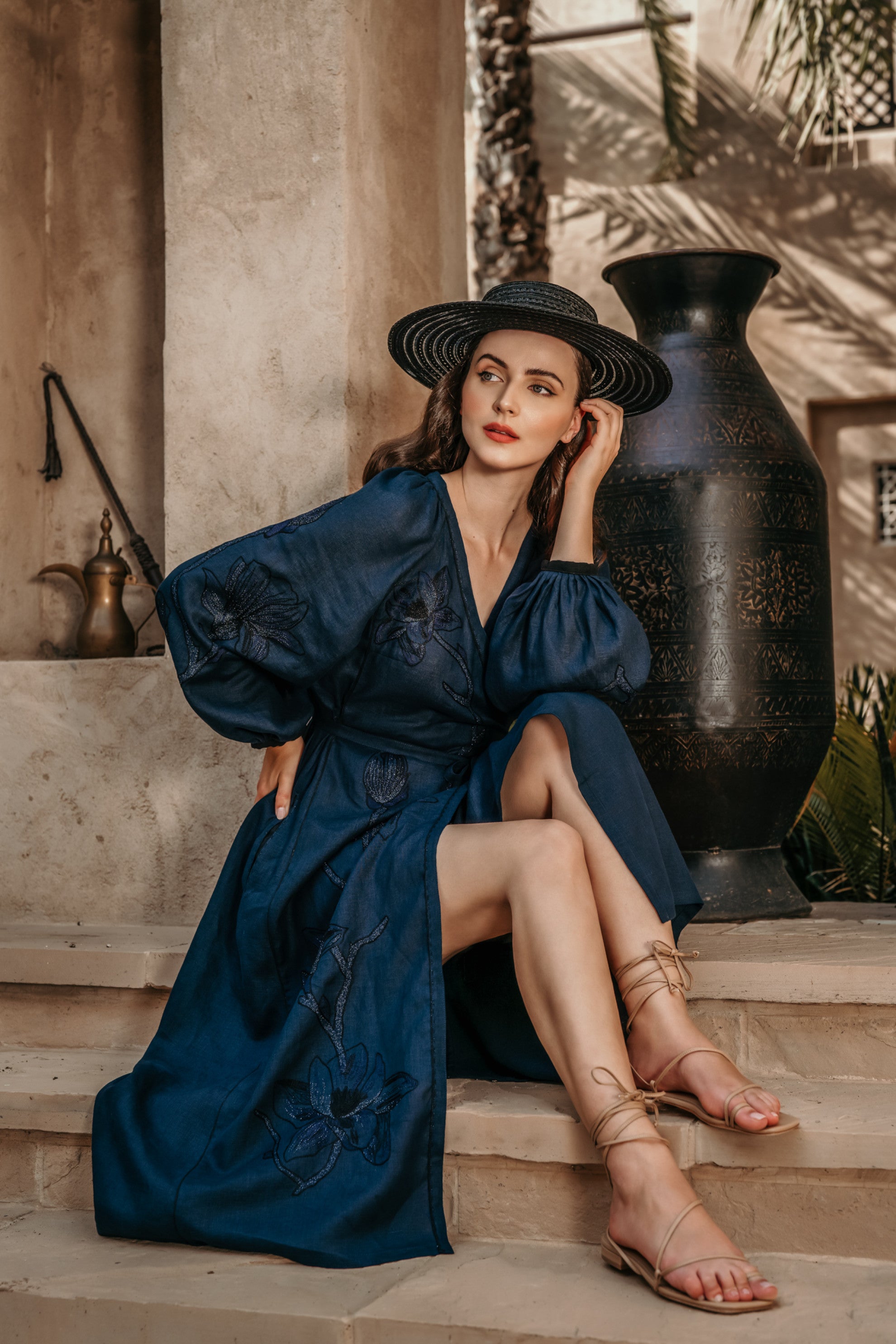 Magnolia midi linen dress in Navy blue