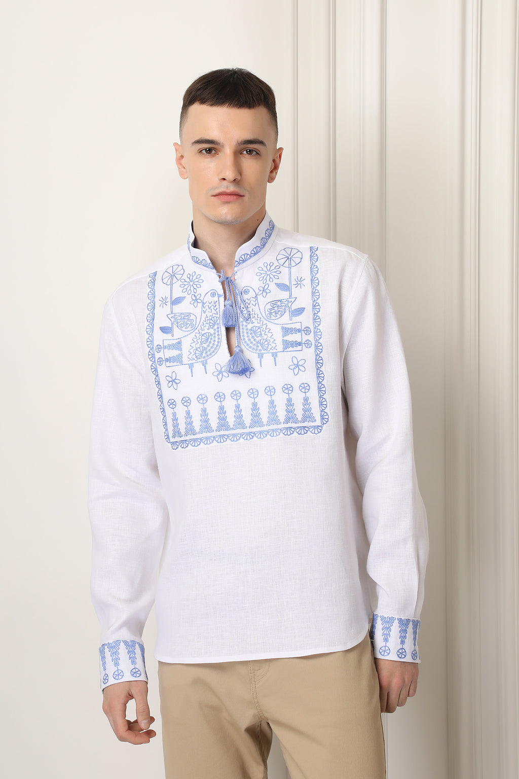 Men Linen Blue Embroidered shirt Motif Zozulya