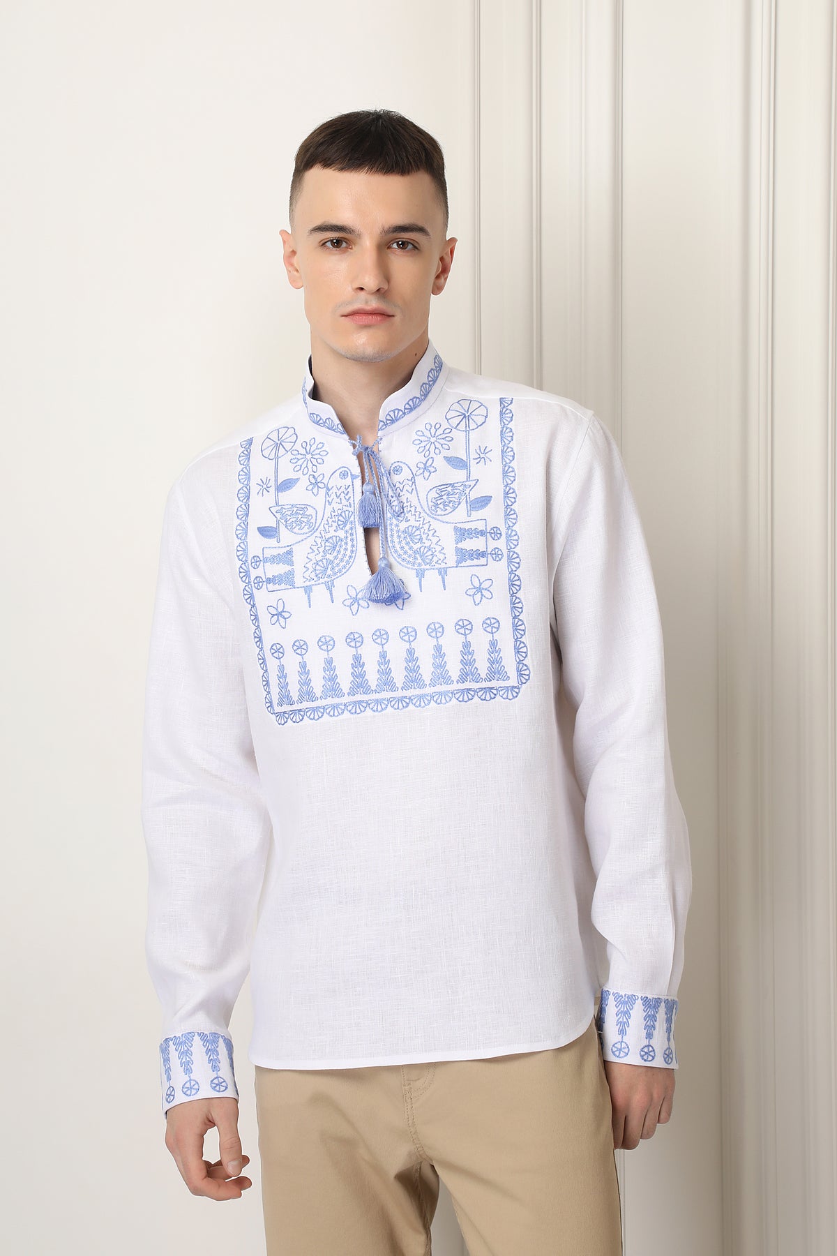 Men Linen Blue Embroidered shirt Motif Zozulya