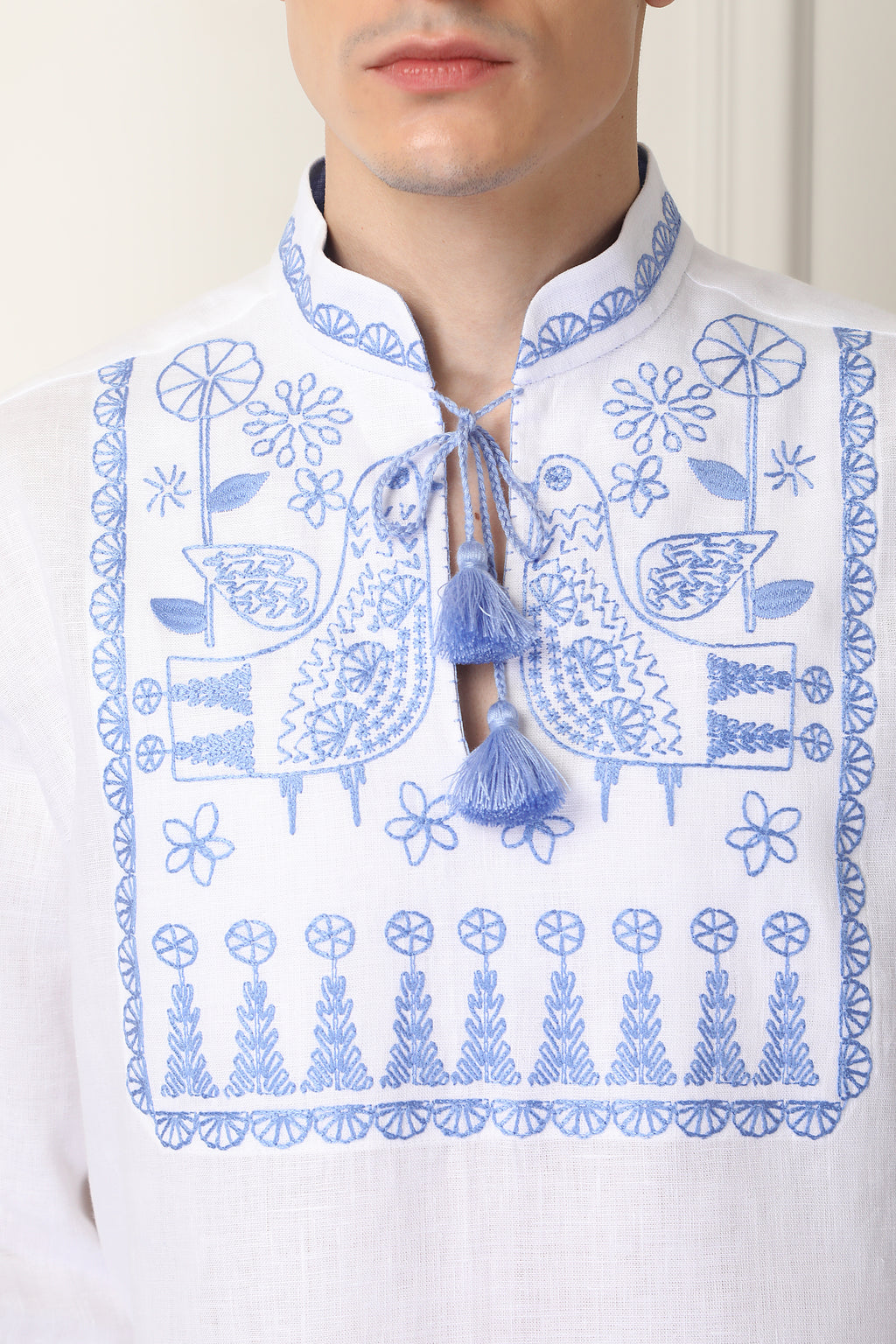 Men Linen Blue Embroidered shirt Motif Zozulya