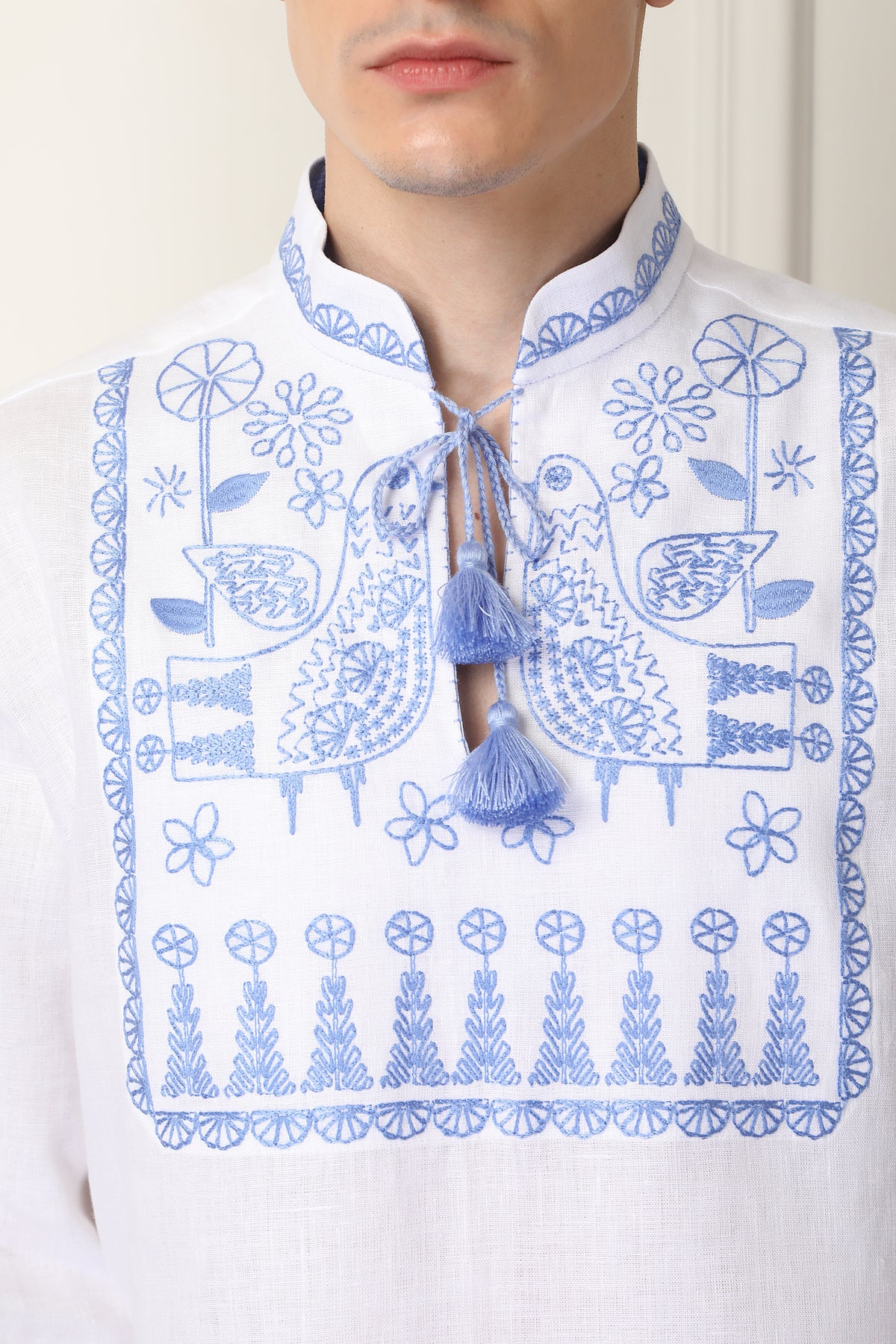 Men Linen Blue Embroidered shirt Motif Zozulya