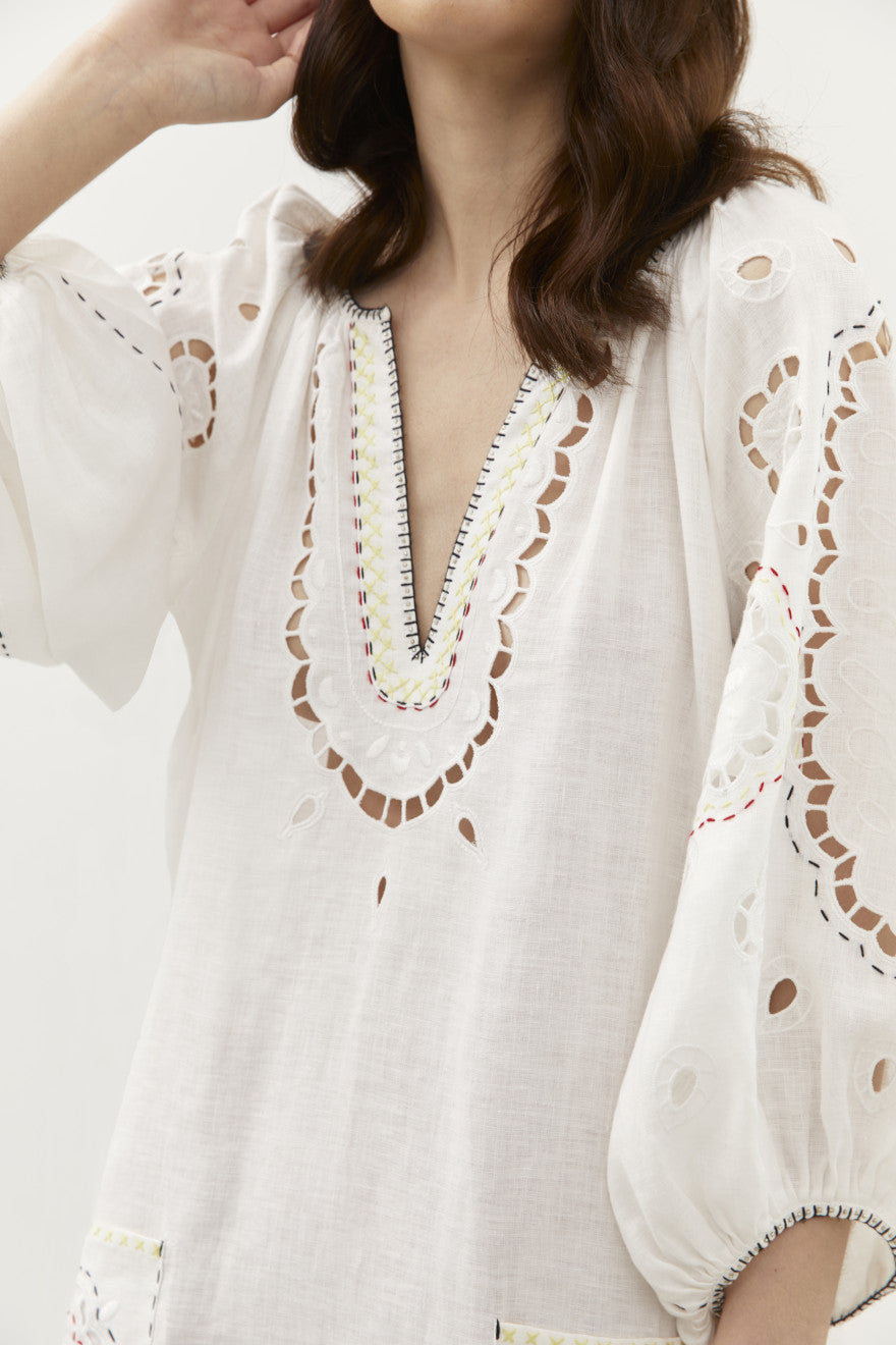 Women's Embroidered White Linen Maxi Dress Merezhivo – 24K Gold & Silver Beads