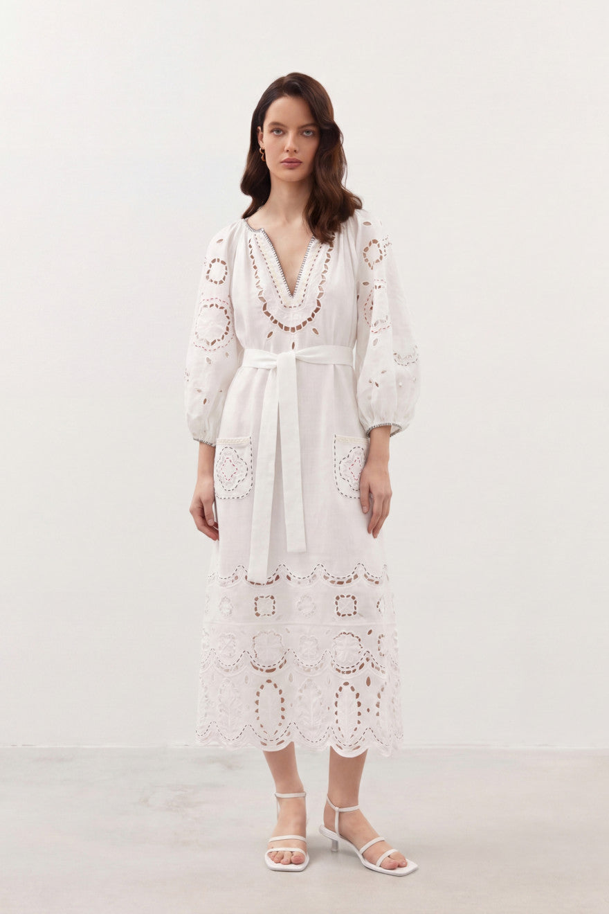Women's Embroidered White Linen Maxi Dress Merezhivo – 24K Gold & Silver Beads
