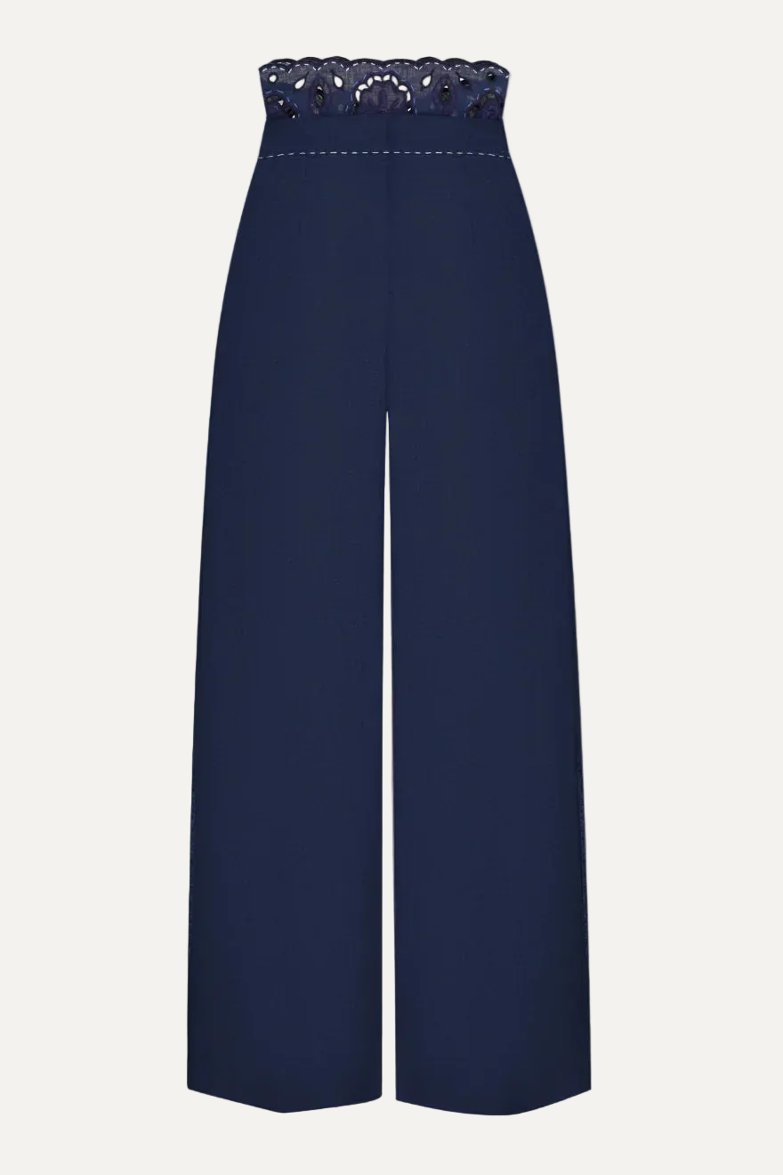 Navy blue pants with lace waistband on a white background