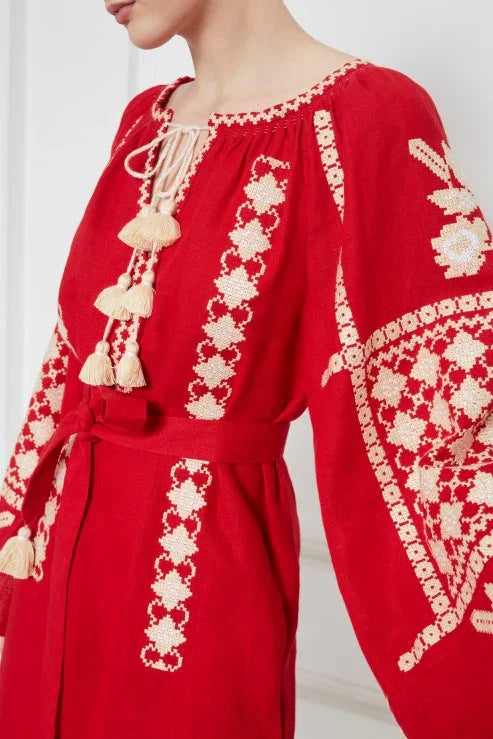 Rochie mini stil traditional Zoryana broderie etnica rosu Foberini