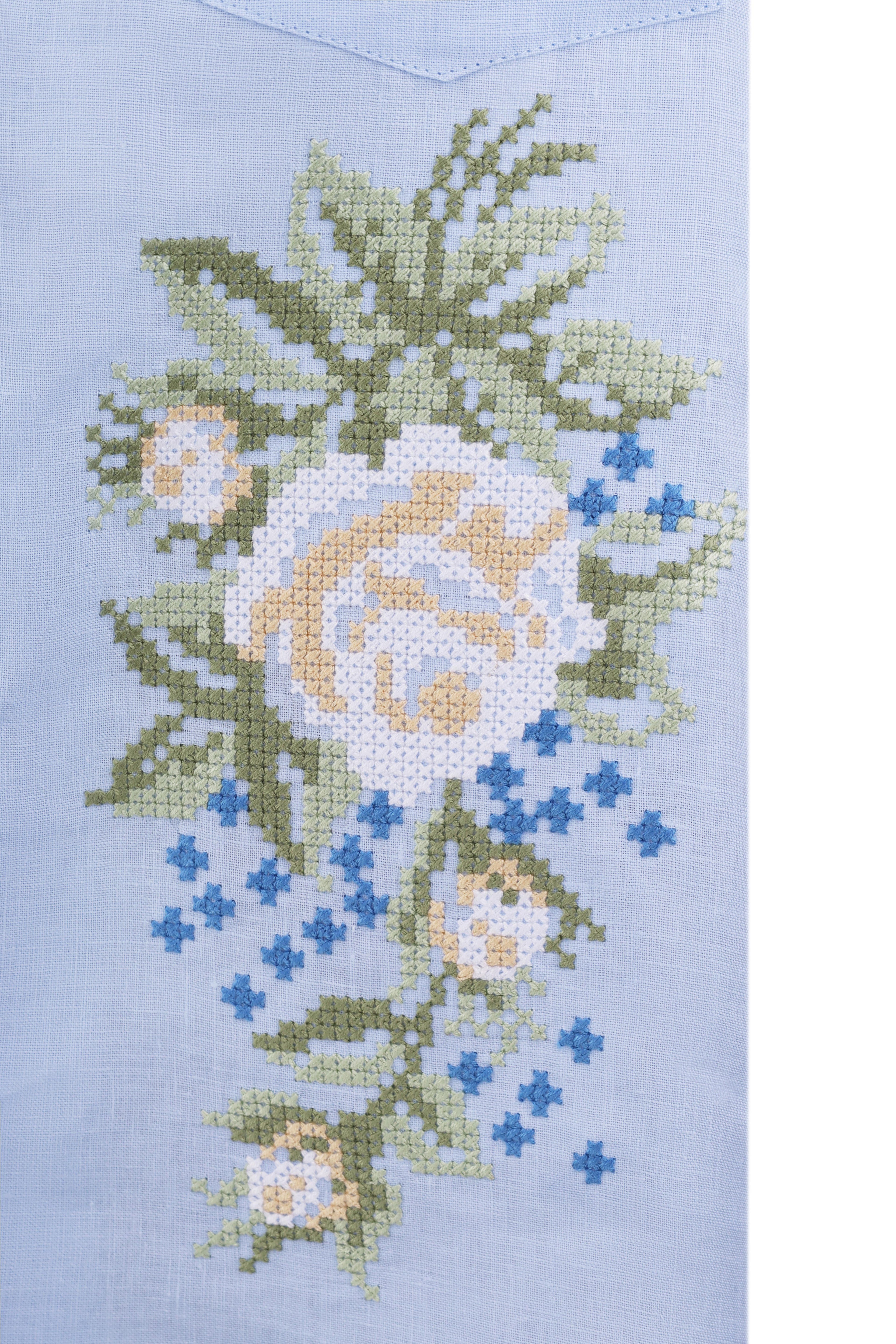 Summer Linen Co-Ord Set in Light Blue — Embroidered Shirt & Shorts, Traditional Floral Cross-stitch