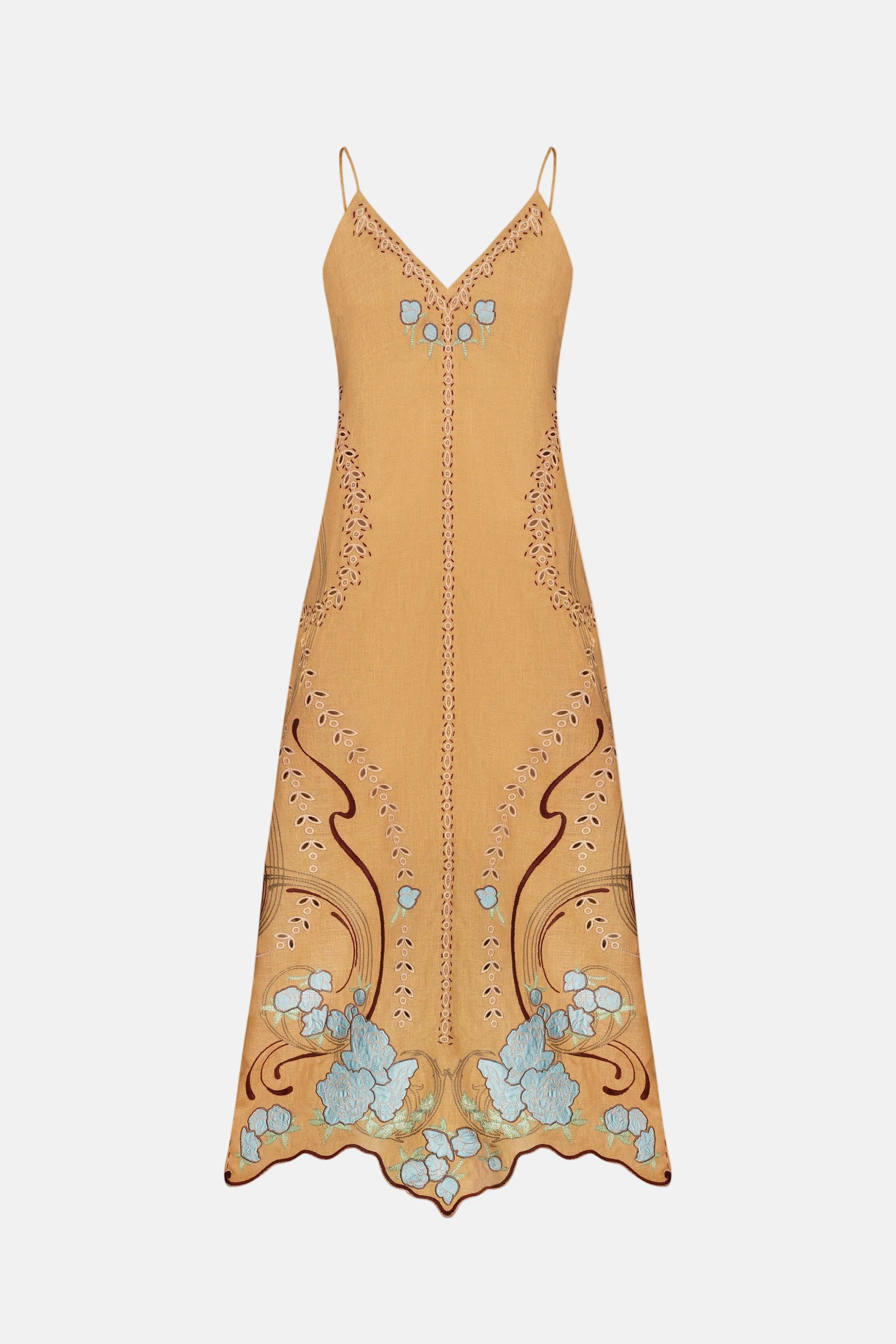 Mustard yellow slip dress with floral embroidery on a white background