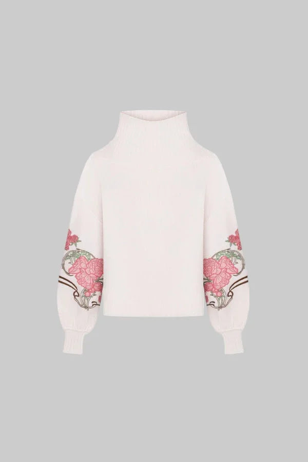 Pulover din caşmir organic cu broderie de mǎtase