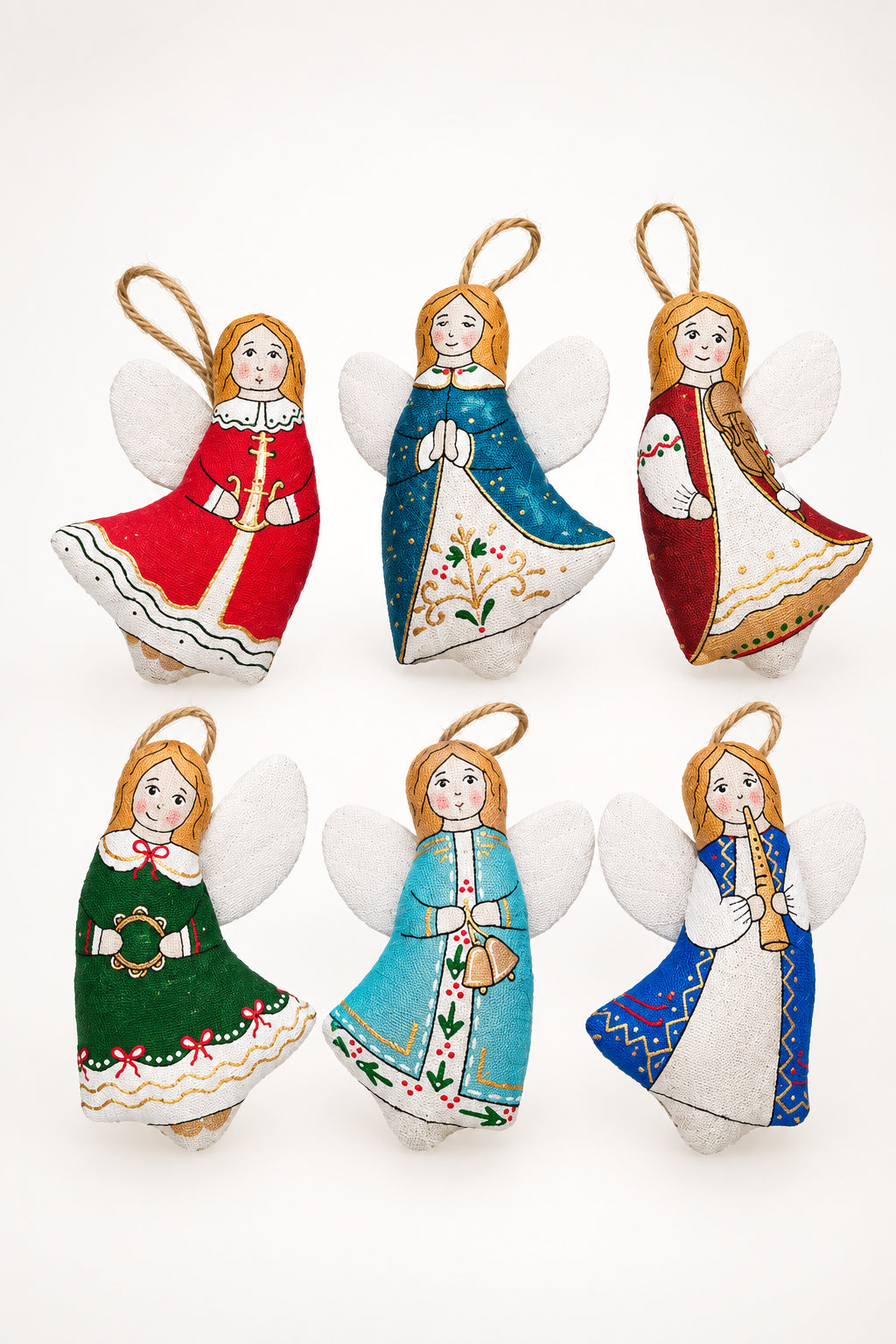 Six hand-painted felt Christmas angel ornaments in various traditional folkloric outfit. Blouse Roumaine Shop