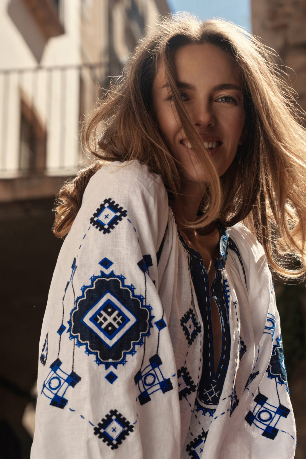 White linen dress with blue embroidery Ozima My Sleeping Gypsy