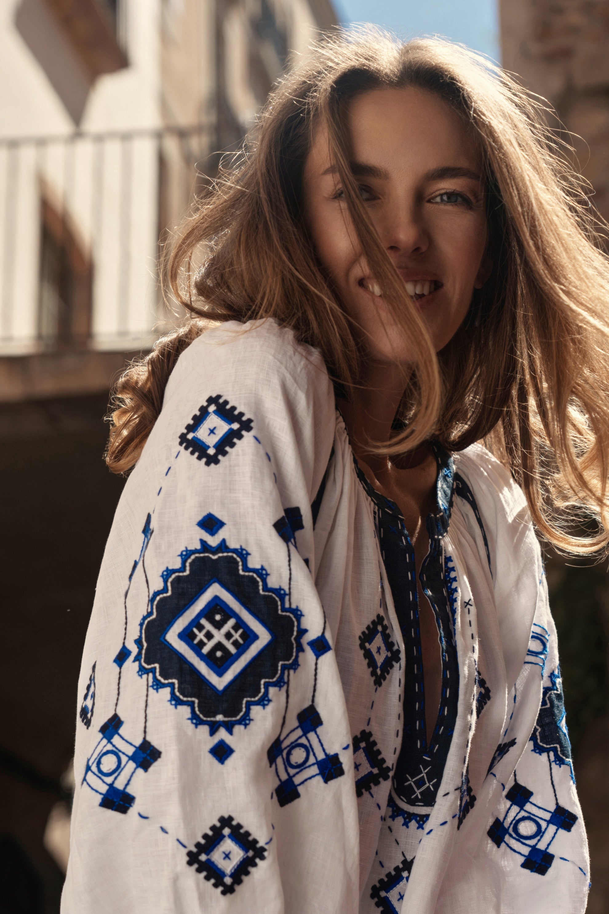 White linen dress with blue embroidery Ozima My Sleeping Gypsy