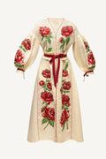 Beige dress with red floral embroidery The Peony Dress
