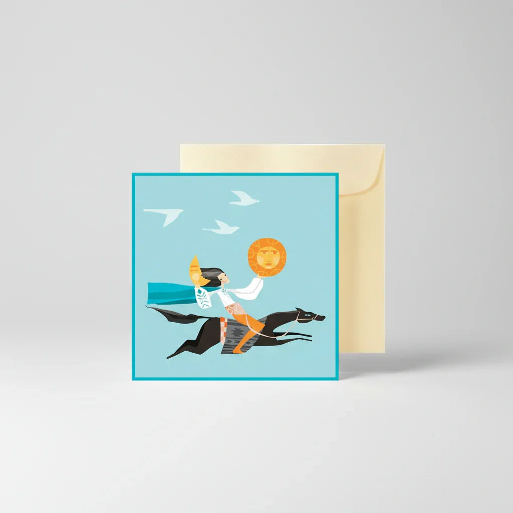 Greeting card with a person riding a horse and holding a lion head, with a beige envelope.