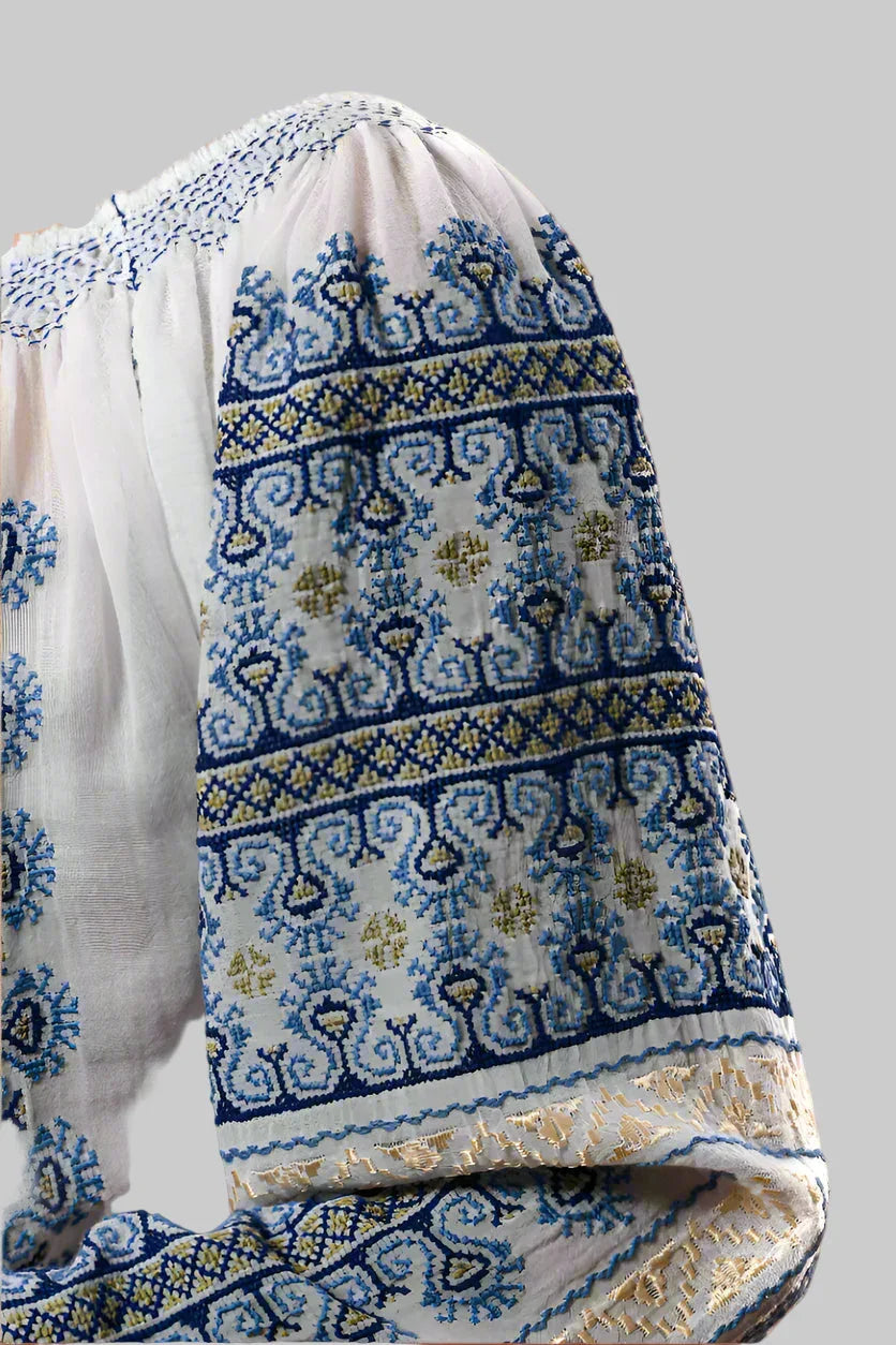 The Ram’s Horn Handcrafted Romanian Blouse in blue embroidery