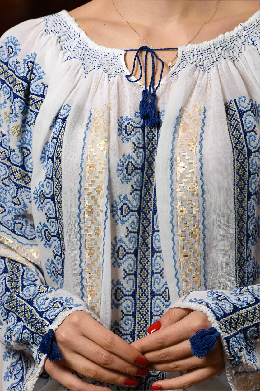 The Ram’s Horn Handcrafted Romanian Blouse in blue embroidery