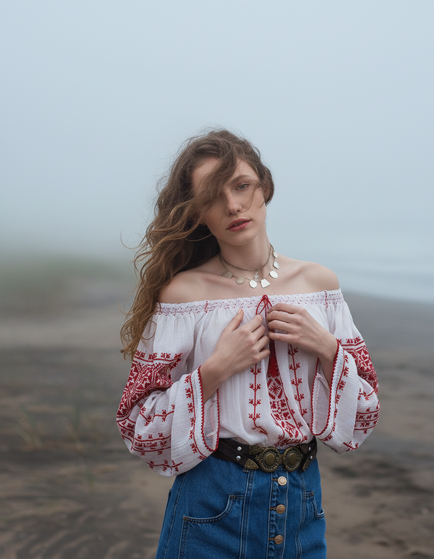 Off-Shoulder Hand-Embroidered Cross-stitched Blouse Roumaine in Red