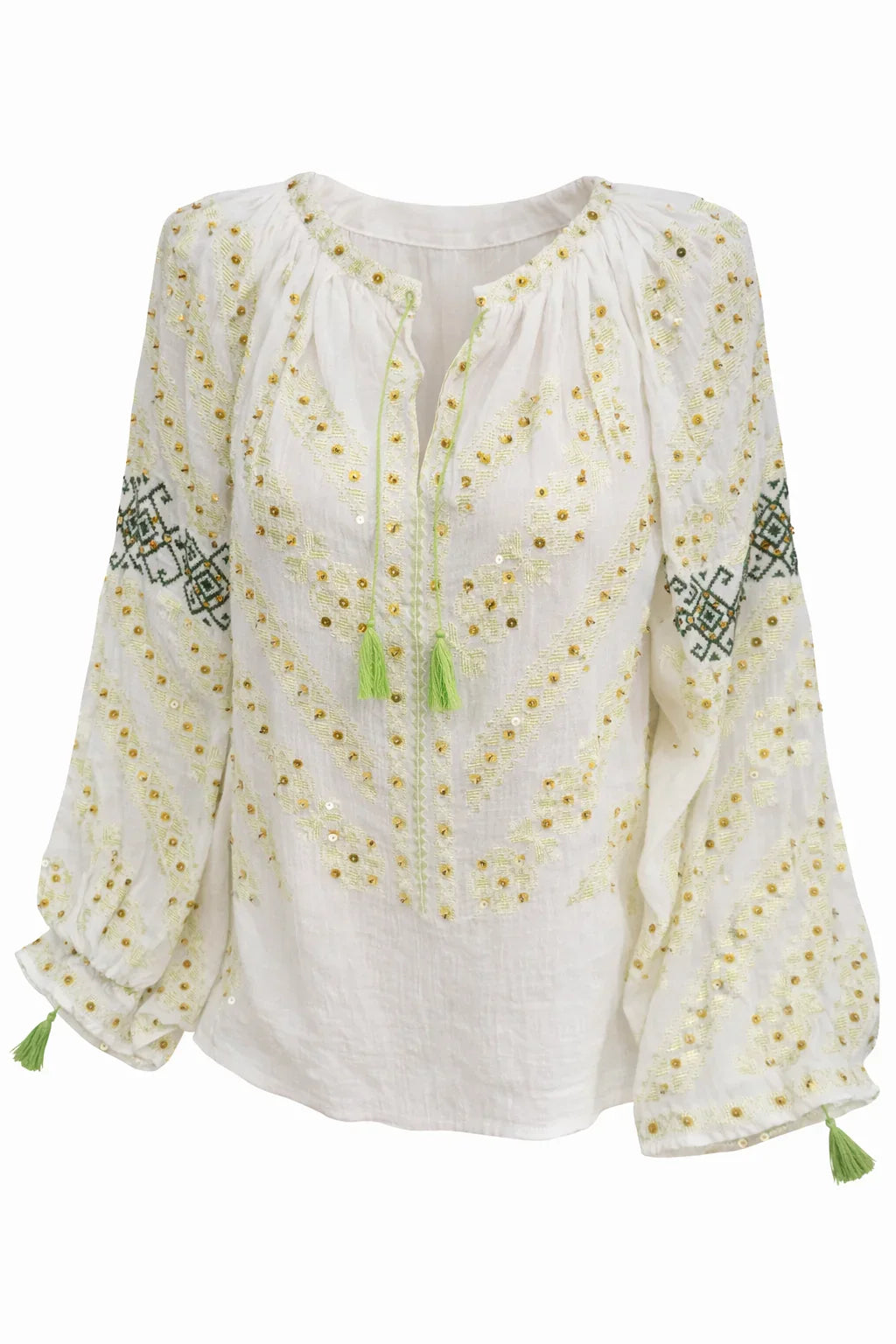 White blouse with yellow embroidery and green tassels on a white background