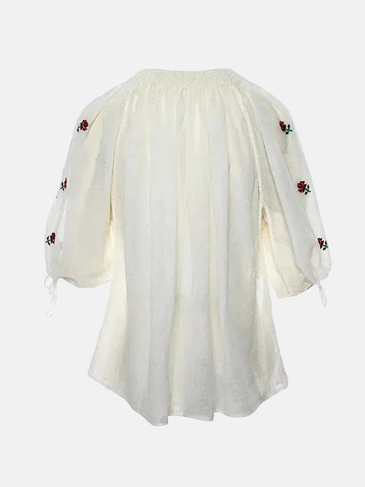Ie Tradițională Mânecă Scurtă Cu Broderie Florală Roșu și Verde Lucrată Manual