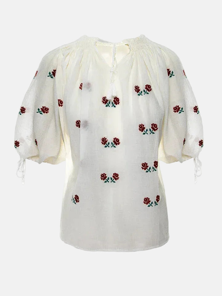 Ie Tradițională Mânecă Scurtă Cu Broderie Florală Roșu și Verde Lucrată Manual