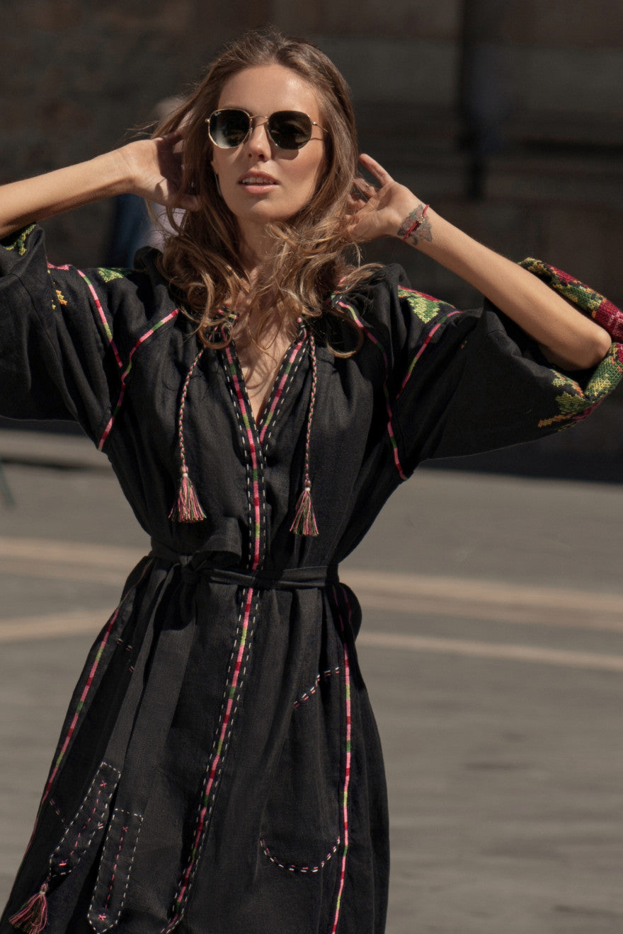 Black linen dress with floral embroidery  Ruzha My Sleeping Gyspsy
