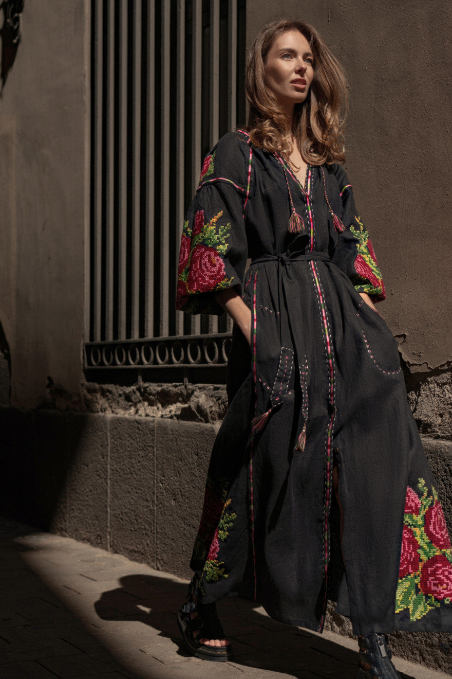 Black linen dress with floral embroidery  Ruzha My Sleeping Gyspsy