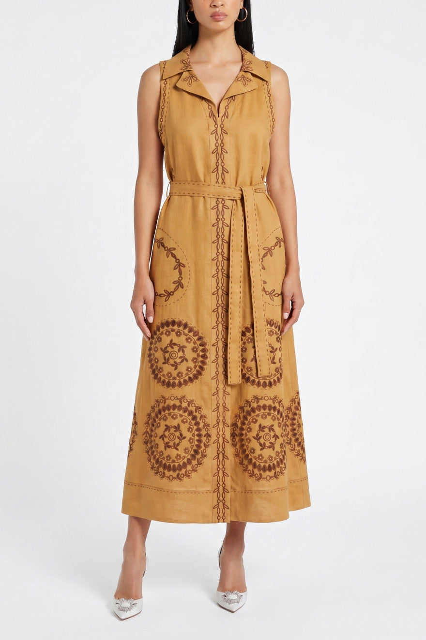 Sarah Embroidered Mustard Linen Maxi Dress