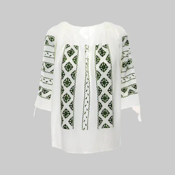 Ie Tradițională Mânecă Scurtă cu Broderie Geometrică din Mătase Verde-Emerald Lucrată Manual