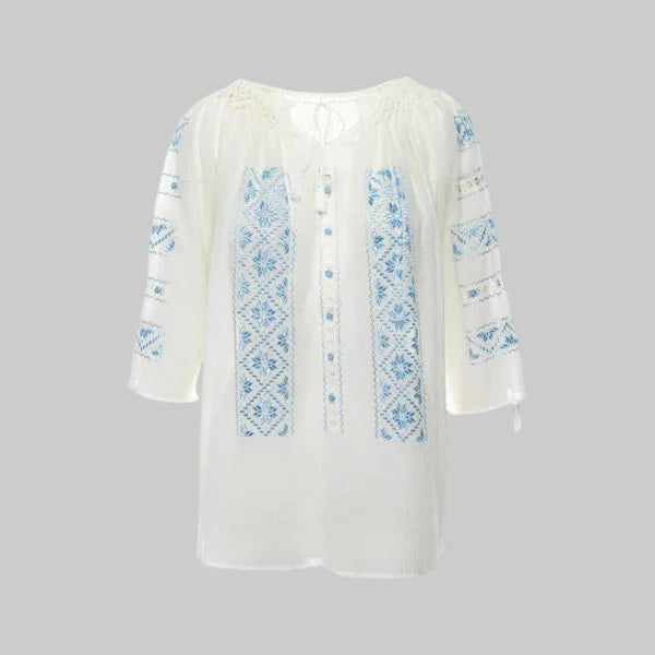 Ie Tradițională Mânecă Scurtă cu Dantelă Ajur și Broderie Geometrică din Mătase Bleu-Ciel Lucrată Manual