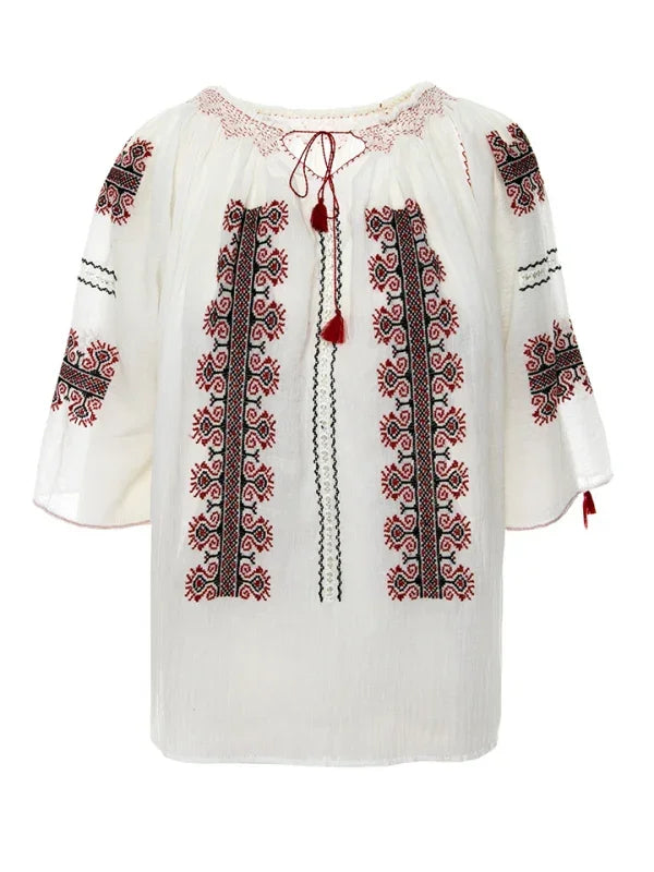 Ie Tradițională Mânecă Scurtă cu Dantelă Ajur și Broderie Roșie 'Creasta Cocoșului' Lucrată Manual