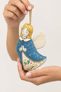  small embroidered fabric angel ornament with a blue dress, blonde hair, and white wings. Blouse RoumaineShop