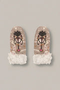 Pair of mittens with decorative design and lace cuffs on a white background