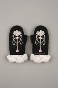 Black mittens with floral design and white lace trim on a white background