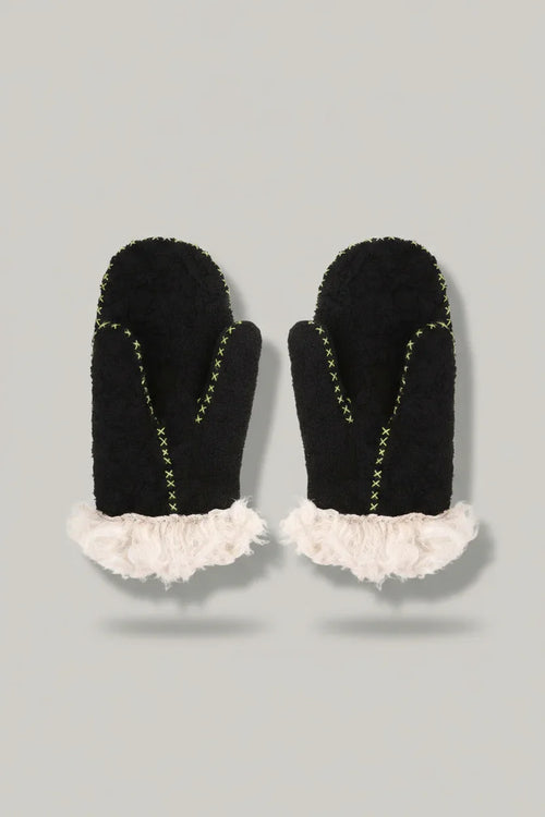 Pair of black mittens with lace cuffs on a white background