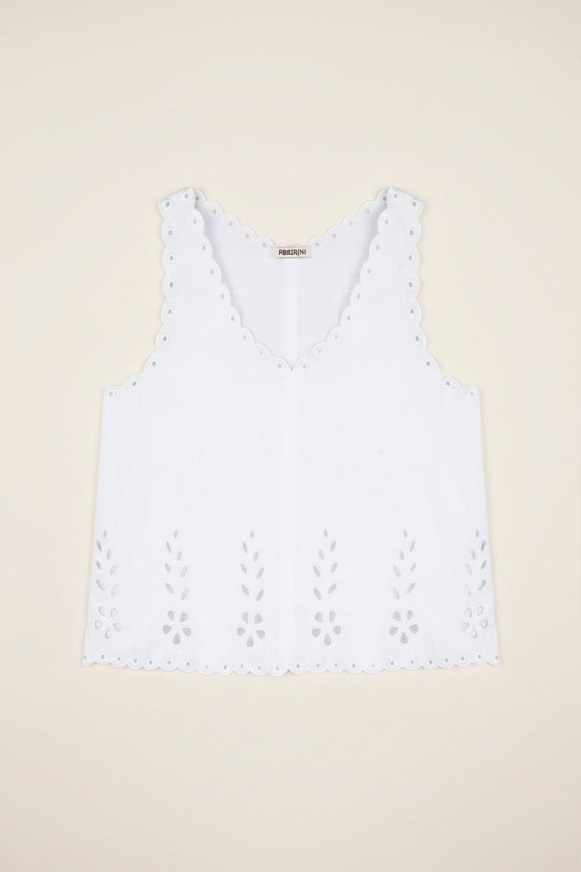 Ancient traditional Slavic Cutout Embroidered Linen V-neck White Tank Top Ruzha