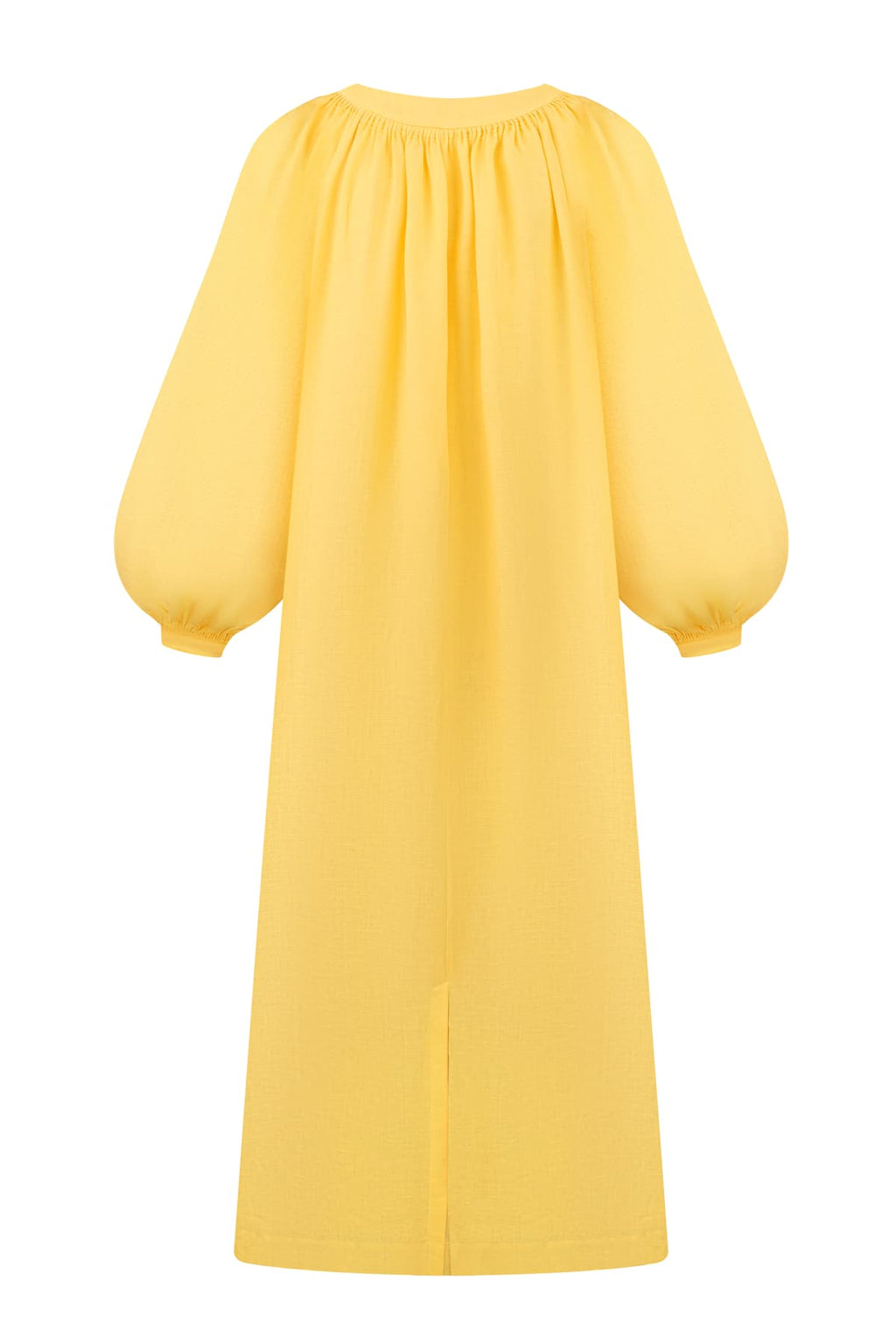 Yellow linen midi dress with balloon sleeves and tassels, Foberini