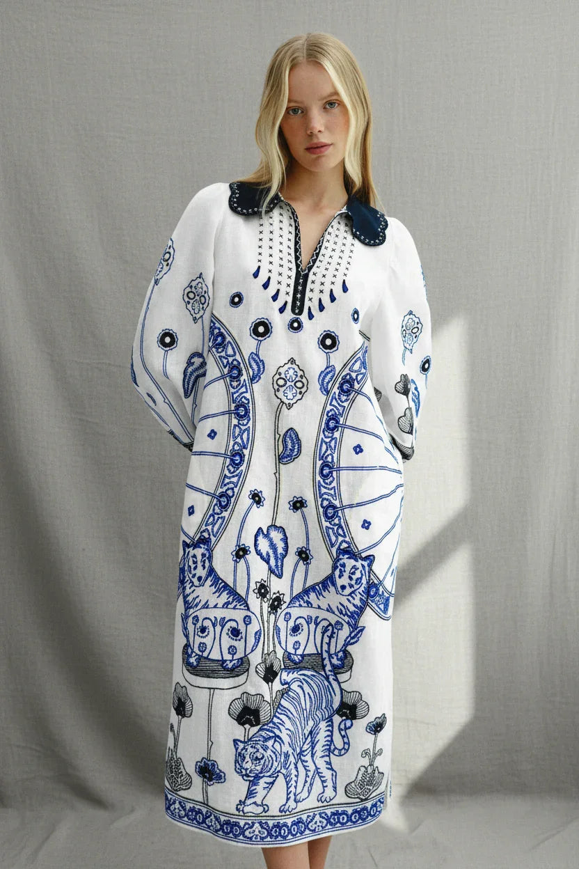 Tiger Burning Bright Linen Midi Dress