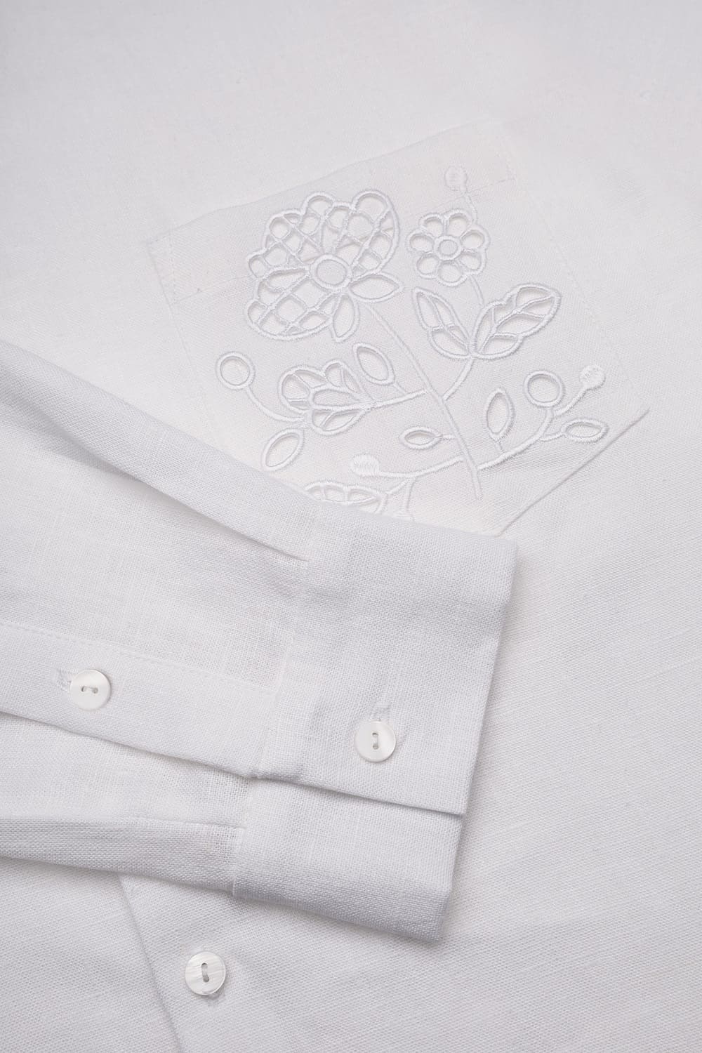 Men’s White Linen Shirt with Tree of Life Embroidered Pocket