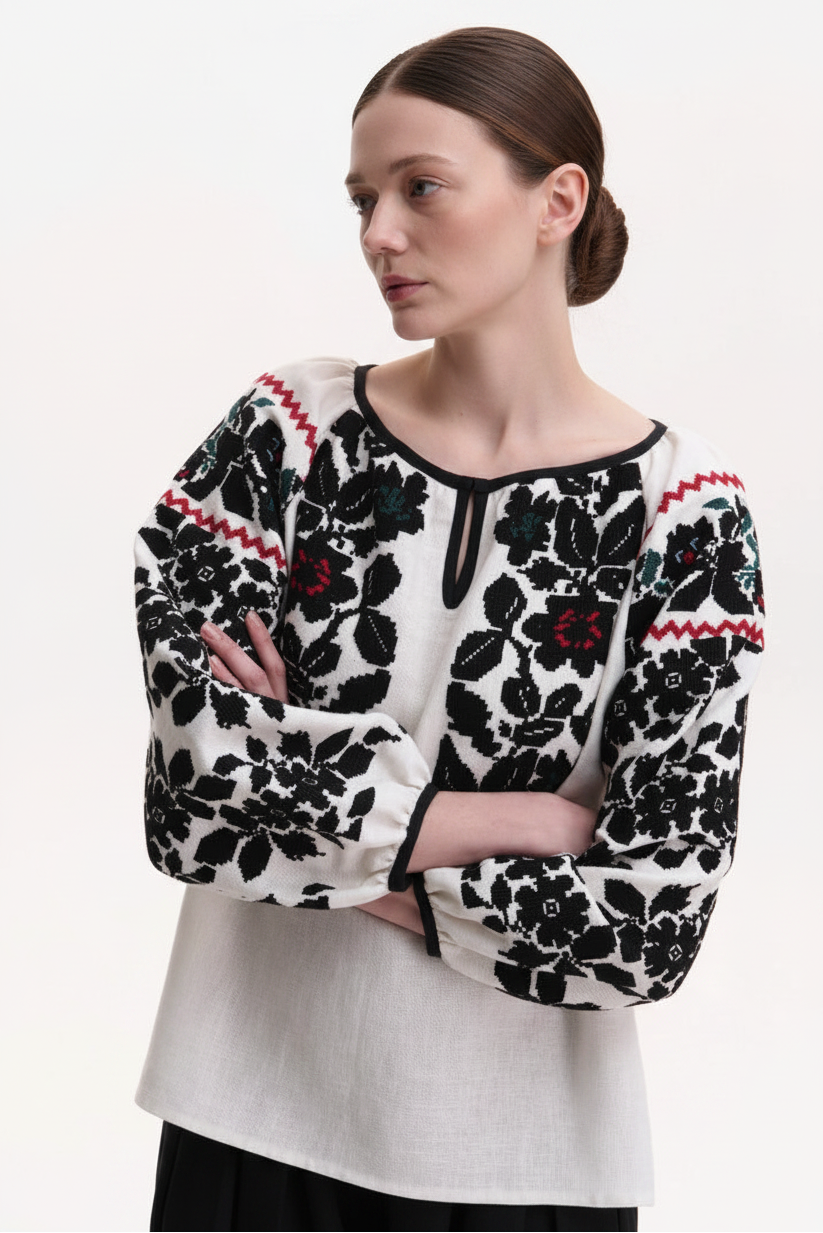 Ukranian long-sleeve embroidered blouse with a black floral pattern. Blouse Roumaine Shop