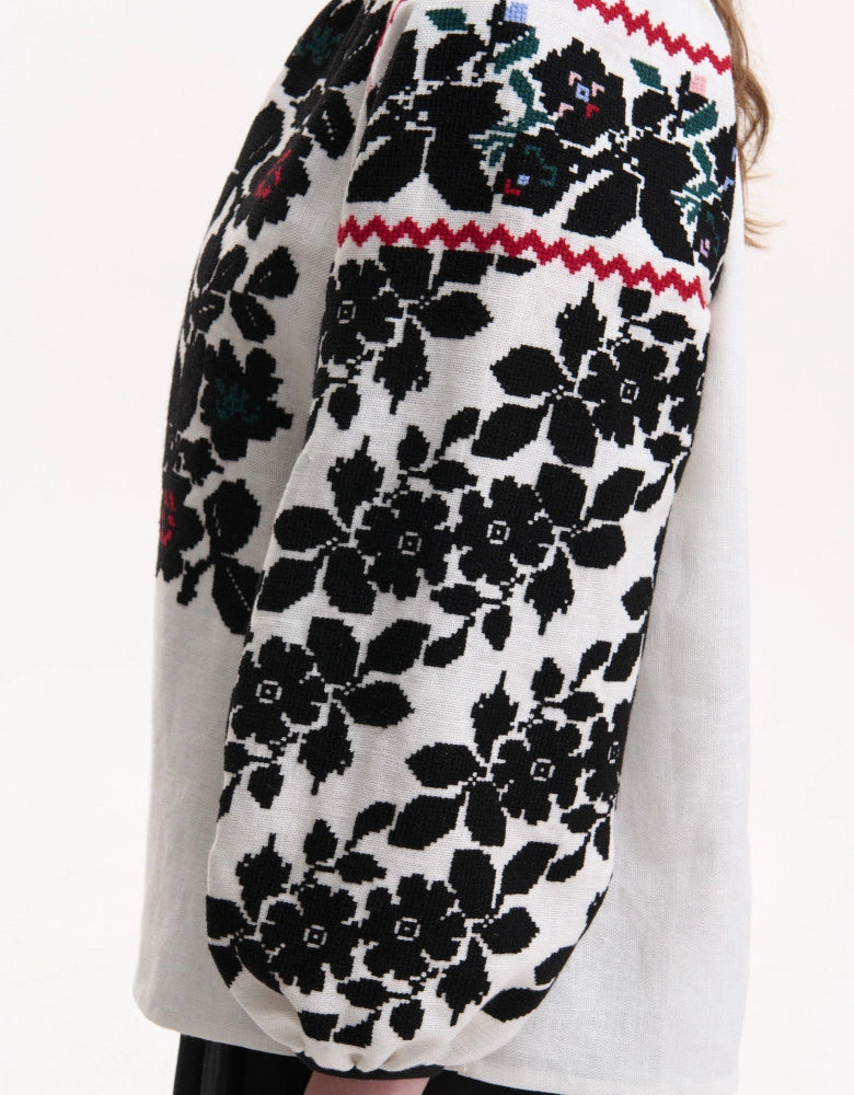 Close-up of floral hand embroidery on women’s Vyshyvanka blouseblack floral pattern Blouse Roumaine Shop