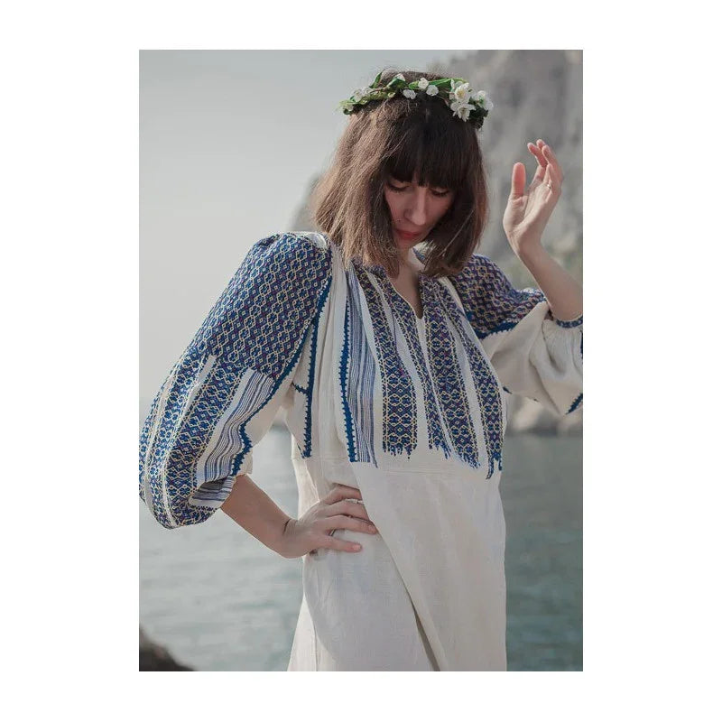 Rochie traditionala broderie Muscel albastru