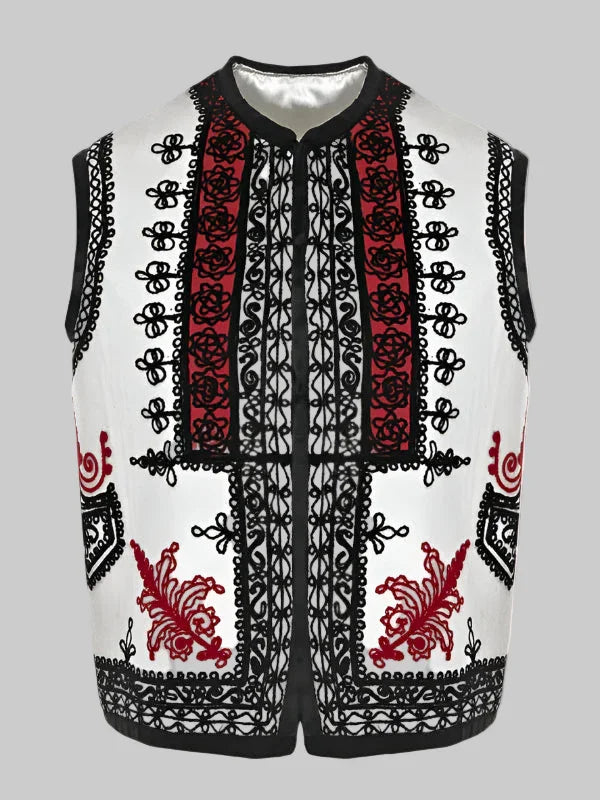 Vestă Scurtă Albă din Lână și Cașmir cu Broderie Negru-Roșu, Lucrată Manual de Artizani Români (03)