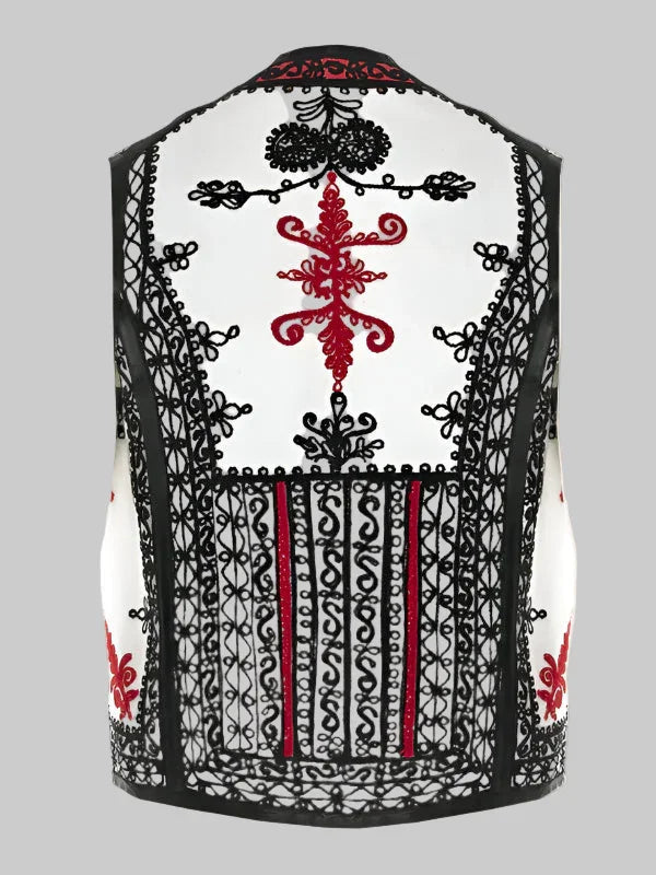Vestă Scurtă Albă din Lână și Cașmir cu Broderie Negru-Roșu, Lucrată Manual de Artizani Români (03)