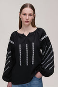 Women's black linen embroidered blouse with Podillia geometric motifs, round neck and gathered sleeves – Podilliya by Koza Dereza for BLOUSEROUMAINE SHOP